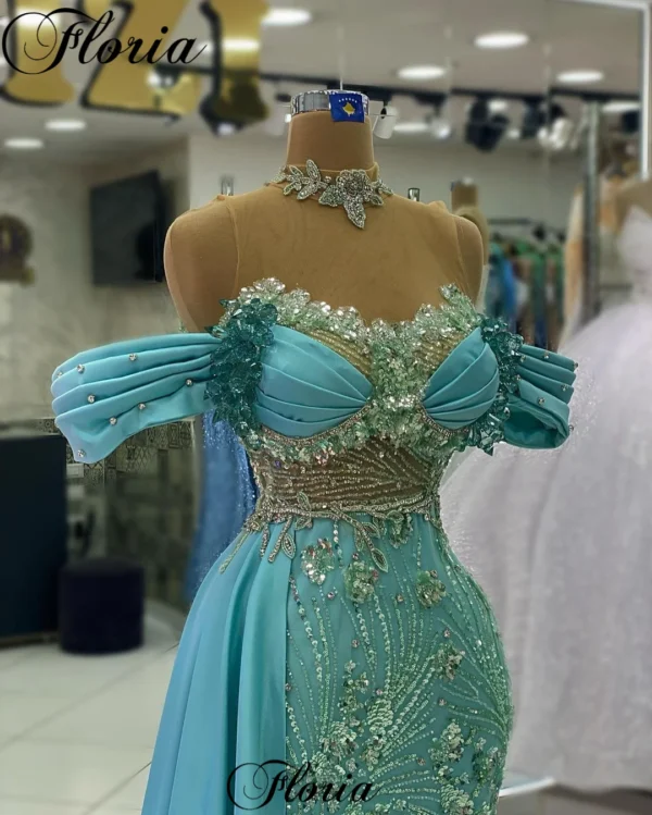Vestido azul corte, sirena, hombros descubiertos, PESONALIZADO